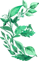 Watercolor illustration of letter E made of green leaves isolated on white background.
