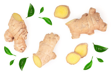 fresh Ginger root and slice isolated on white background. Top view. Flat lay
