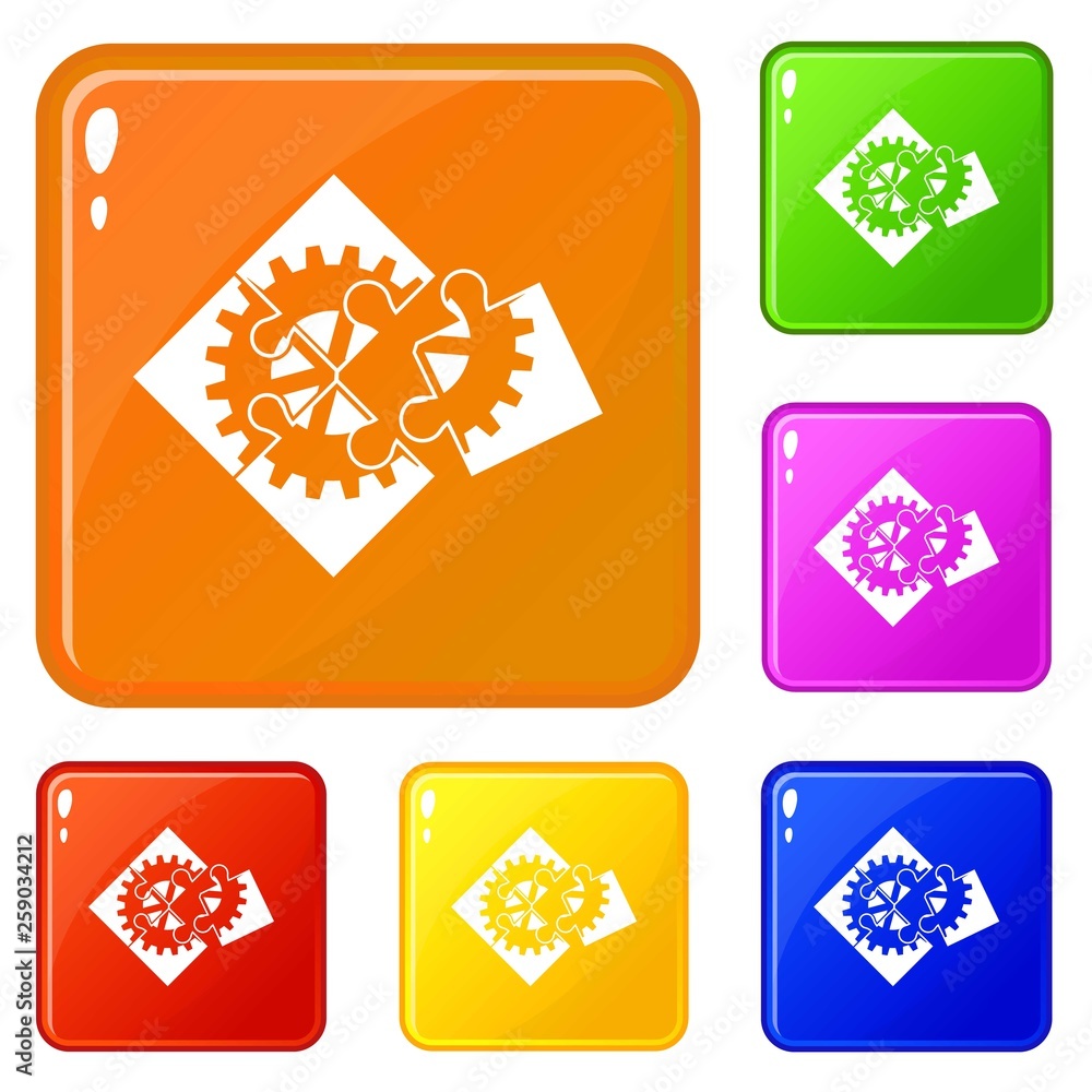 Poster teamwork puzzle icons set collection vector 6 color isolated on white background