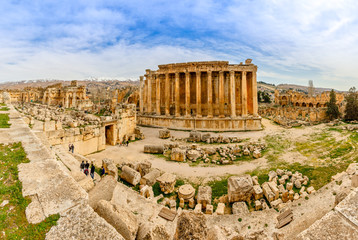 Ancient Roman temple of Bacchus panorama with surrounding ruins of ancient city, Bekaa Valley,...