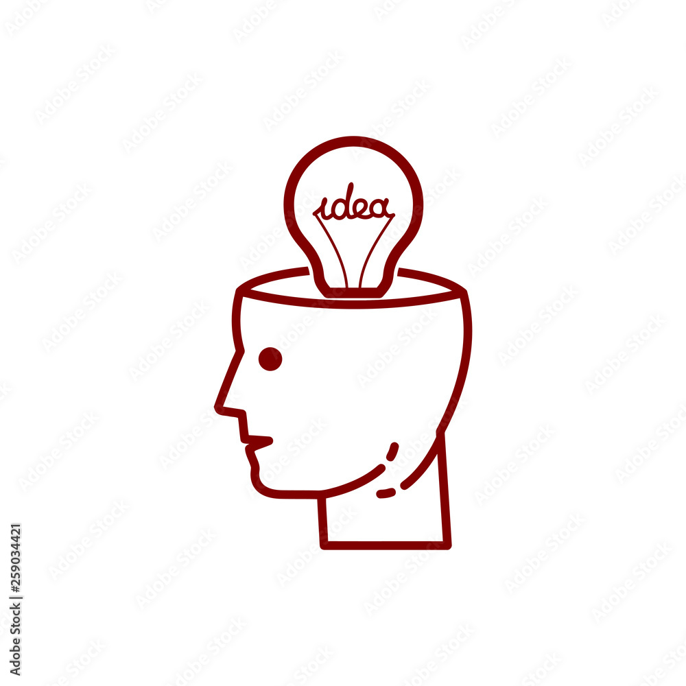 Poster idea, bulb, light, energy bulb, head, thinking, creative business idea maroon color icon