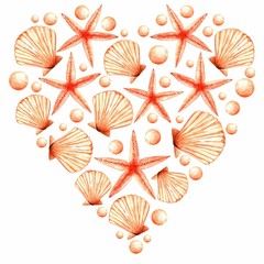 The big watercolor heart from beautiful starfishes, shells, and pearls on a white background. Waiting for summer. Illustration. Isolated.