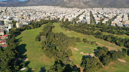 Aerial drone photo of famous Golf course in Glyfada area next to abandoned Elliniko airport, South Athens riviera, Attica, Greece