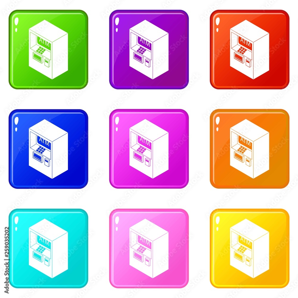 Poster atm icons set 9 color collection isolated on white for any design