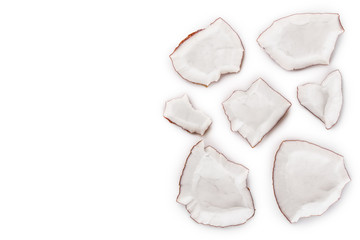 piece of coconut isolated on white background with copy space for your text. Top view. Flat lay