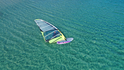 Aerial drone photo of Wind surfer practising in tropical exotic open ocean destination
