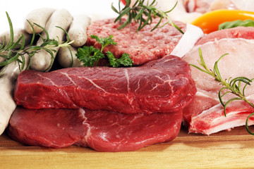 raw meat. Different types of raw pork meat, chicken and beef with spices and herbs