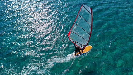 Aerial drone photo of Wind surfer practising in tropical exotic open ocean destination
