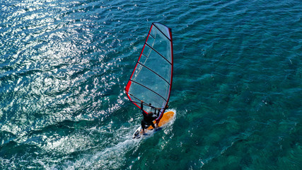 Aerial drone photo of Wind surfer practising in tropical exotic open ocean destination