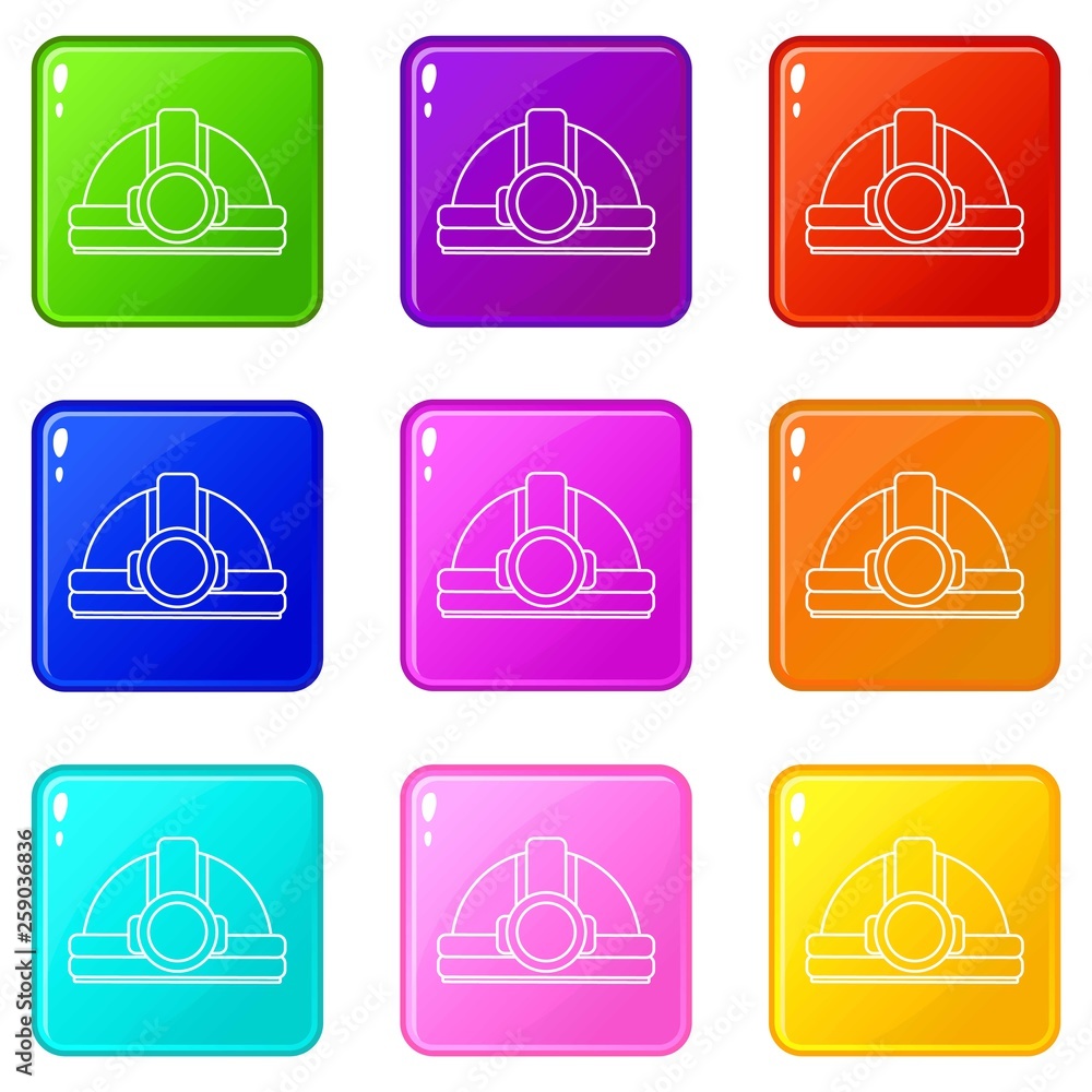 Poster mining helmet icons set 9 color collection isolated on white for any design