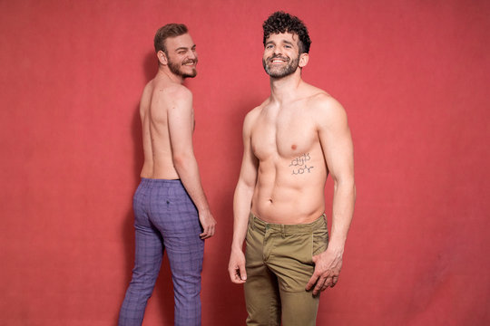 Two Gay Shirtless Man, Smiling. Rear And Front.