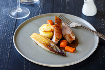 Roast duck with braised chickory and dauphinoise potatoes