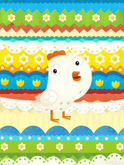 cartoon scene with colorful easter chicken on easter background - illustration for children