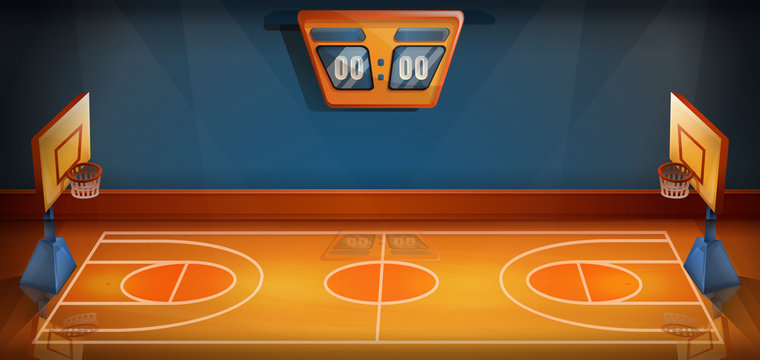 cartoon basketball field with scoreboard, vector illustration