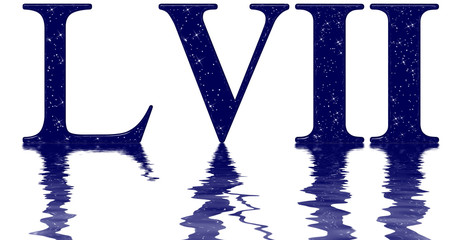 Roman numeral 57, fifty seven, star sky texture imitation, reflected on the water surface, isolated on white, 3d render