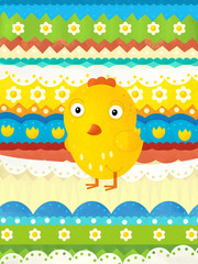 cartoon scene with colorful easter chicken on easter background - illustration for children