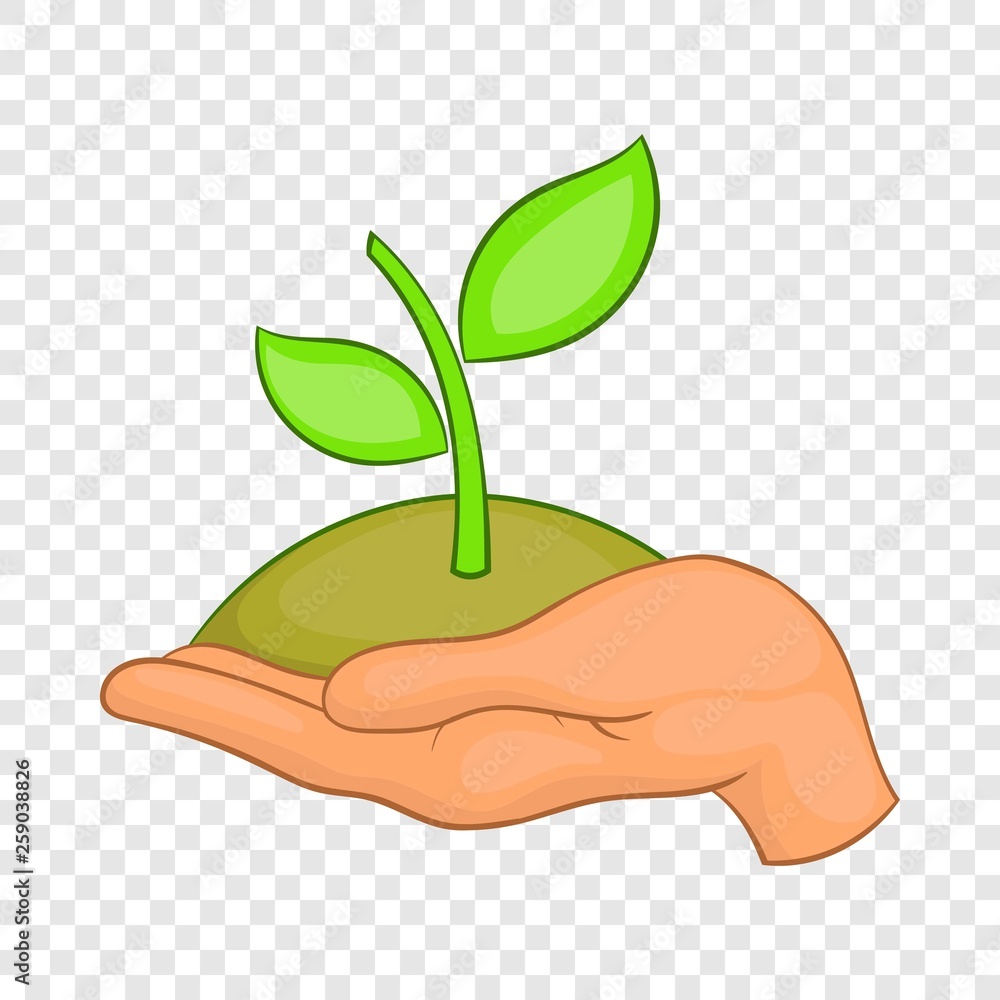 Poster hands with green sprout icon in cartoon style isolated on background for any web design