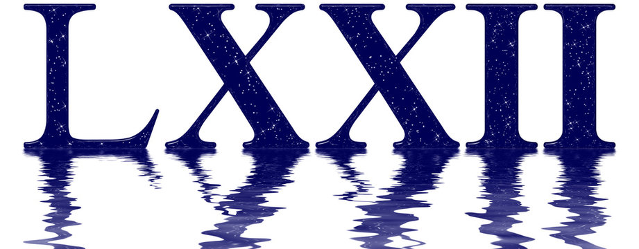 Roman numeral 72, seventy two, star sky texture imitation, reflected on the water surface, isolated on white, 3d render