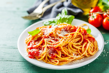 Tasty italian pizza with tomato sauce and parmesan