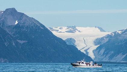 Glaciers and fog lie around the mountains in Seward Bay, Alaska.