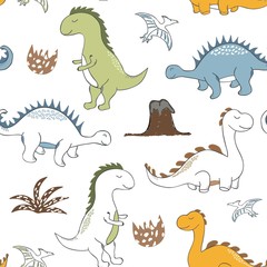 childish dinosaur seamless pattern for fashion clothes, fabric, t shirts. hand drawn vector