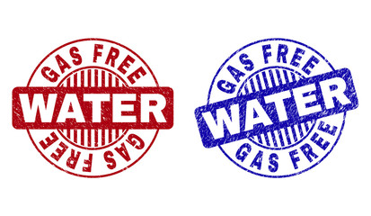 Grunge GAS FREE WATER round stamp seals isolated on a white background. Round seals with grunge texture in red and blue colors.