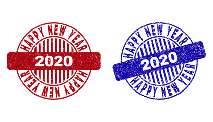 Grunge HAPPY NEW YEAR 2020 round stamp seals isolated on a white background. Round seals with grunge texture in red and blue colors.
