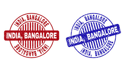 Grunge INDIA, BANGALORE round stamp seals isolated on a white background. Round seals with grunge texture in red and blue colors. Vector rubber imitation of INDIA,