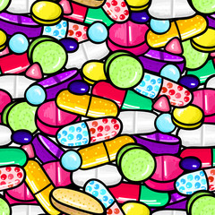 Seamless pattern with lot of pills and capsules. Medicine or dietary supplements. Healthy lifestyle. Alcohol markers style. Doodle. Health and care. Design for clinics, hospitals, pharmacies. Vector