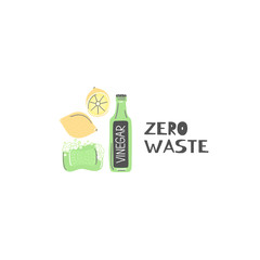 Vinegar, lemon, natural soap. Organic cleaner. Eco friendly. Zero waste lifestyle. Save planet. Care of nature. Vegan. No plastic. Go green. Refuse, reduce, reuse, recycle, rot. Vector illustration