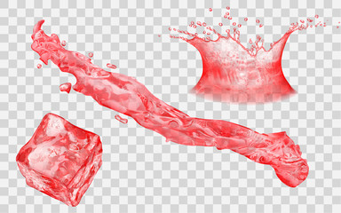 Naklejka premium Translucent ice cube, splash and water crown with drops - side view. In red colors, isolated on transparent backdrop. Transparency only in vector file
