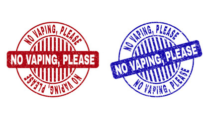 Grunge NO VAPING, PLEASE round stamp seals isolated on a white background. Round seals with grunge texture in red and blue colors. Vector rubber overlay of NO VAPING,