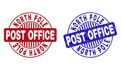 Grunge NORTH POLE POST OFFICE round stamp seals isolated on a white background. Round seals with grunge texture in red and blue colors.