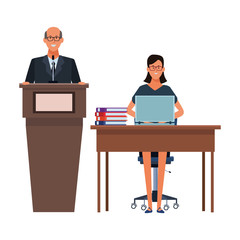 couple in a podium and office desk