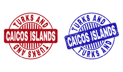 Grunge TURKS AND CAICOS ISLANDS round stamp seals isolated on a white background. Round seals with grunge texture in red and blue colors.