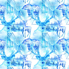 Seamless pattern of a deer, hare and bear silhouette. Wild animal image.Landscape with mountains. Watercolor hand drawn illustration.Blue background.