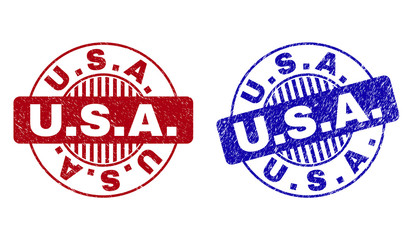 Grunge U.S.A. round stamp seals isolated on a white background. Round seals with grunge texture in red and blue colors. Vector rubber imitation of U.S.A. title inside circle form with stripes.