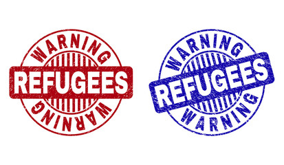 Grunge WARNING REFUGEES round stamp seals isolated on a white background. Round seals with grunge texture in red and blue colors.