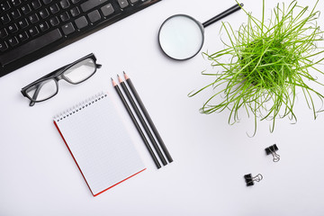 White table with keyboard, glasses, magnifying glass, notebook, clips, office plant and three black pencils.