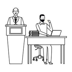 men in a podium and office desk black and white