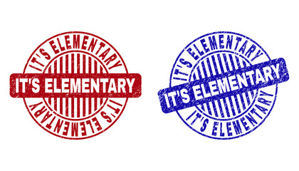 Grunge IT'S ELEMENTARY round stamp seals isolated on a white background. Round seals with grunge texture in red and blue colors.