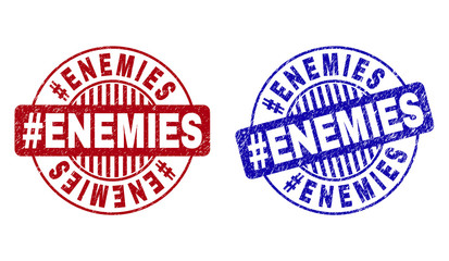Grunge #ENEMIES round stamp seals isolated on a white background. Round seals with grunge texture in red and blue colors. Vector rubber imitation of #ENEMIES caption inside circle form with stripes.