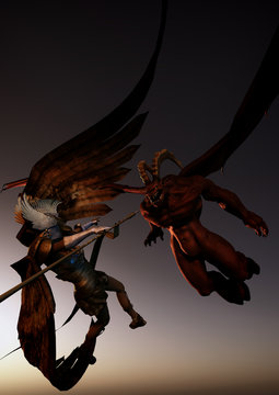concept art of demon fighting with angel in the sky