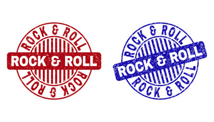 Grunge ROCK & ROLL round stamp seals isolated on a white background. Round seals with grunge texture in red and blue colors.