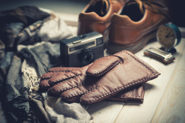 closeup brown leather gloves