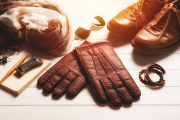 closeup brown leather gloves