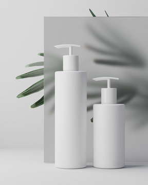 White Design Of Natural Cosmetic Cream , Serum, Skincare Blank Bottle Packaging With Leaves Herb, Bio Organic Product. Beauty And Spa Concept. 3d Illustartion. 