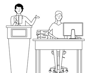 couple in a podium and office desk black and white