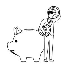 piggy saving and businessman with cryptocurrency black and white