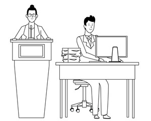couple in a podium and office desk black and white